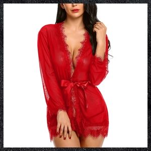 Red Sheer Chiffon Eyelash Lace Trim Robe